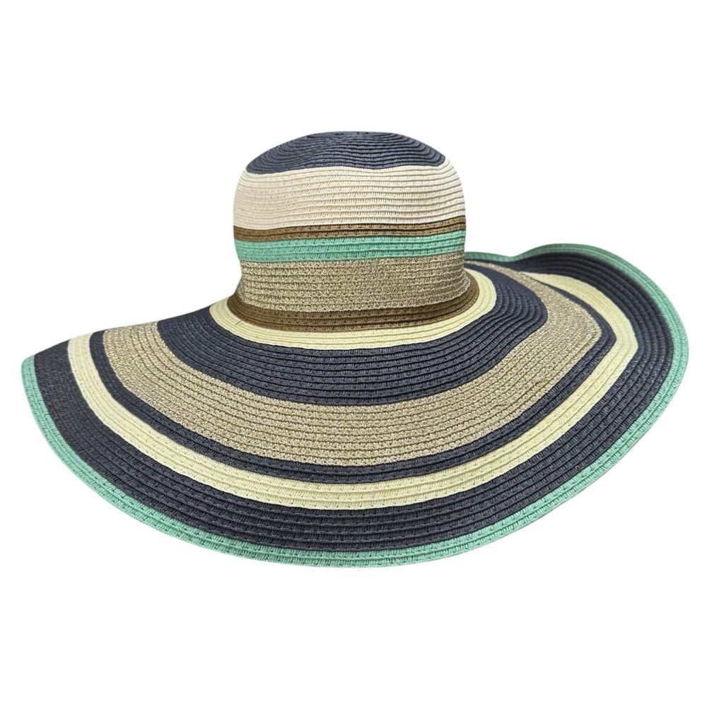 THE WEBSTER Target Navy Striped Woven Sun Hat Tan Green Gold Brown Summer Beach